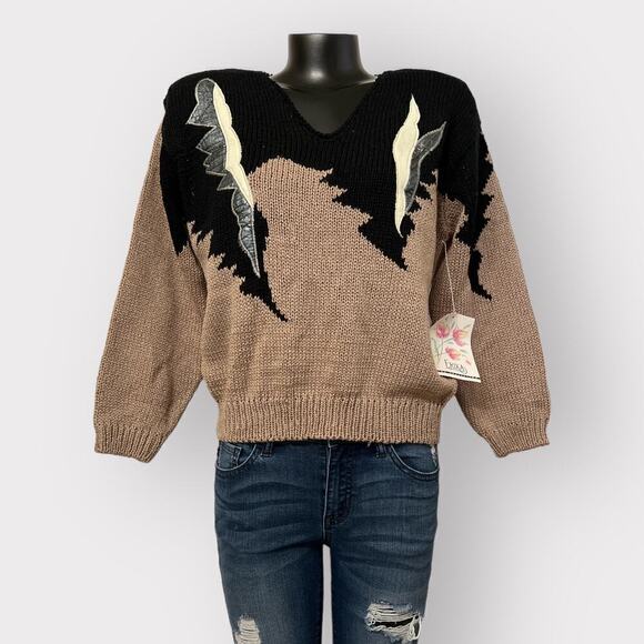 Erika VTG 80s Rockabilly Sweater NEW sz M Abstract Black Knit Preppy Winter Fall - Picture 1 of 9